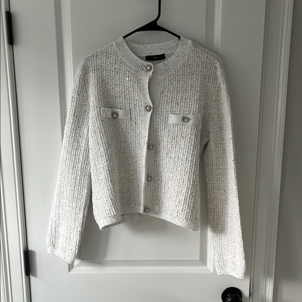 Mango Cream/white Textured Tweed Button-Front Jacket